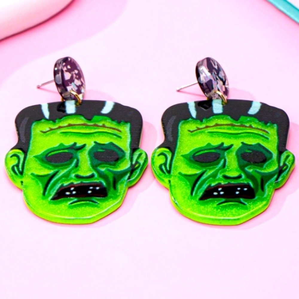 ⚡️🎃 ⚡️ SCARY❗️ FRANKENSTEIN GREEN MONSTER FACE HALLOWEEN POST EARRINGS❗️